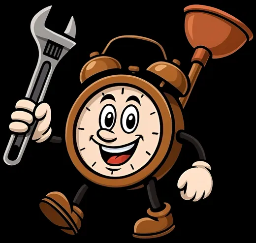 The NDO alarm-clock mascot, holding a wrench and a plunger